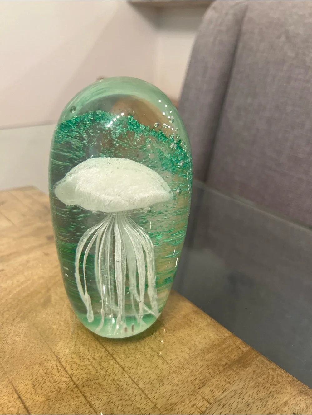 green hand-blown art glass jellyfish paperweight